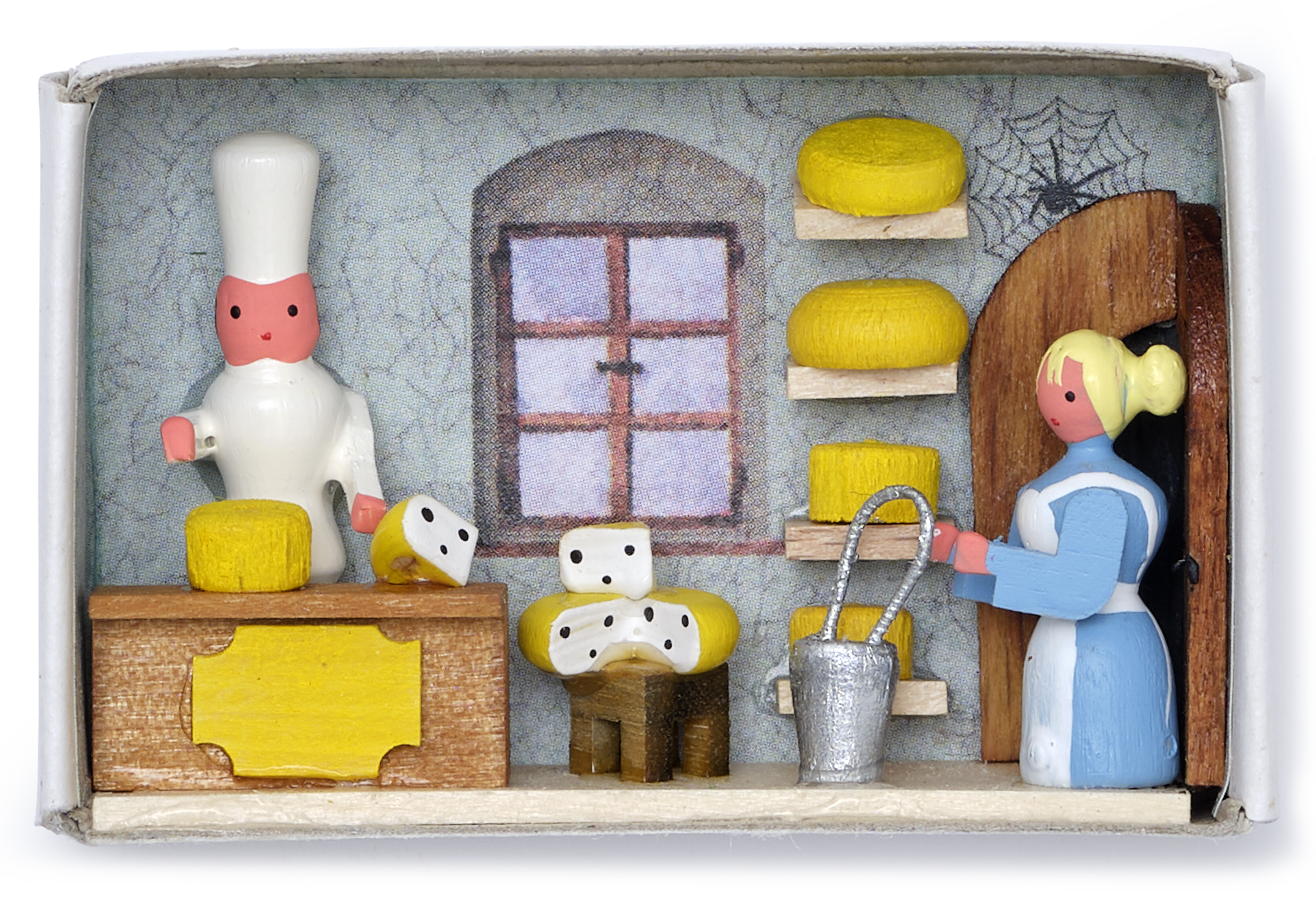 Wooden Miniature Matchbox Diorama, Cheesemonger