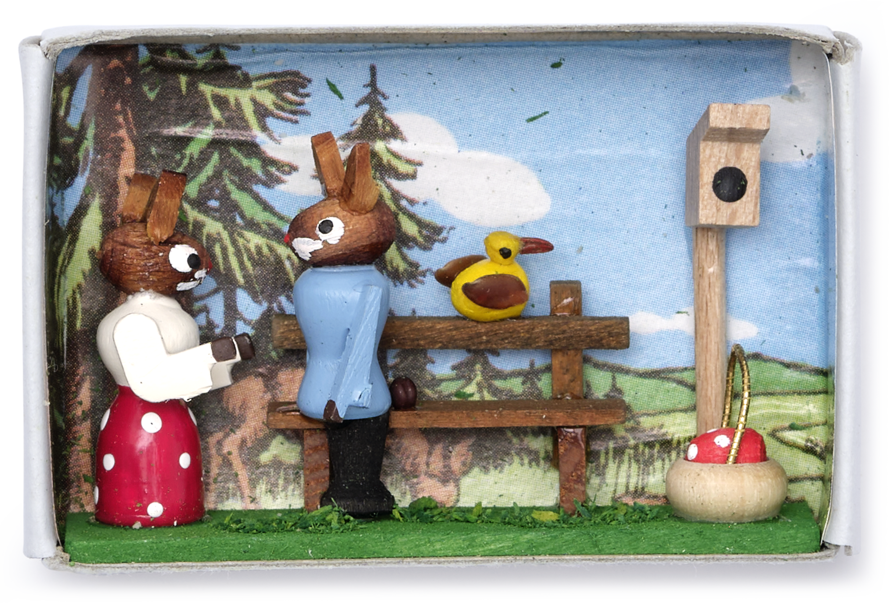 Wooden Miniature Matchbox Diorama, Rabbit Couple