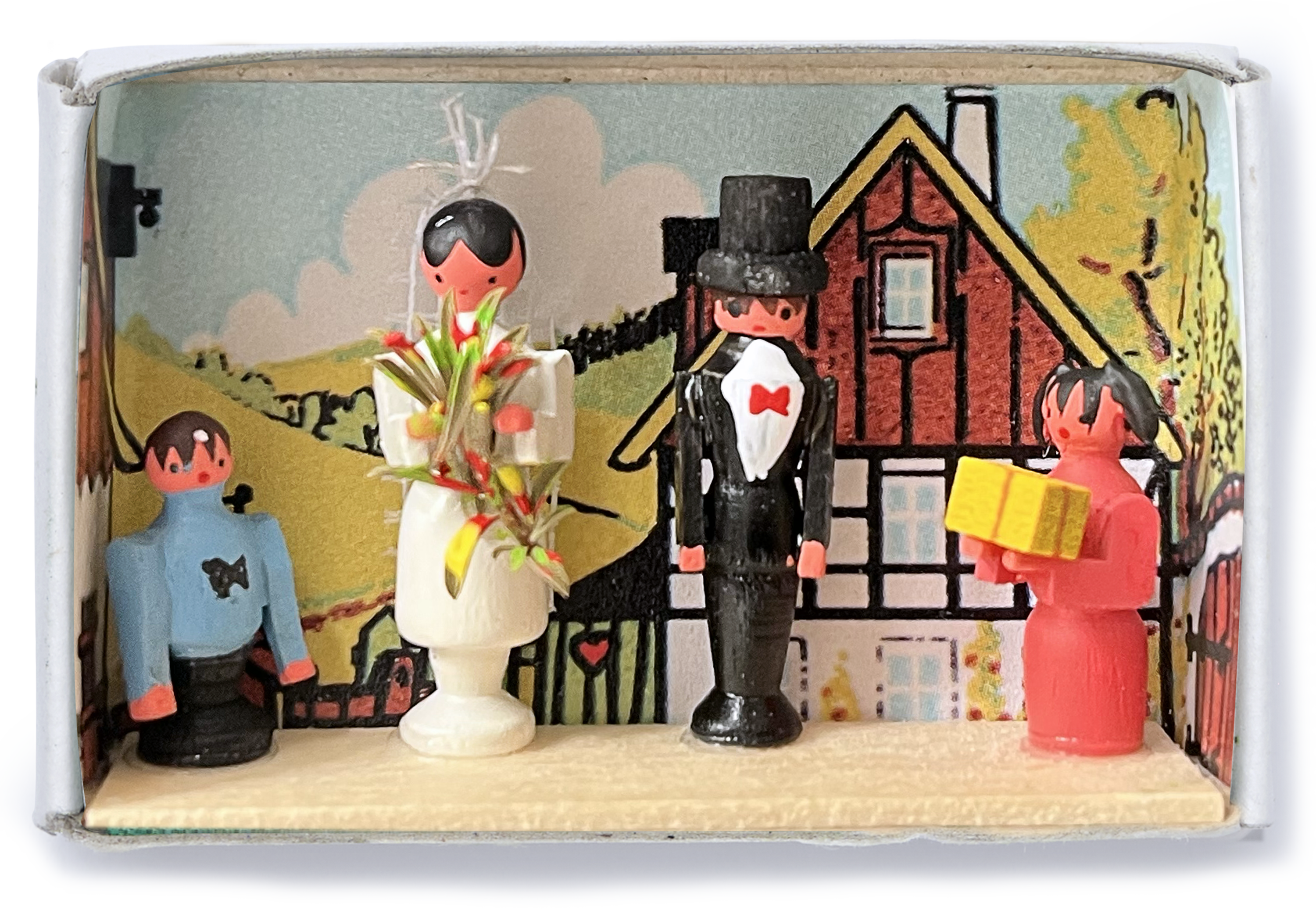 Wooden Miniature Matchbox Diorama, Bride and Groom